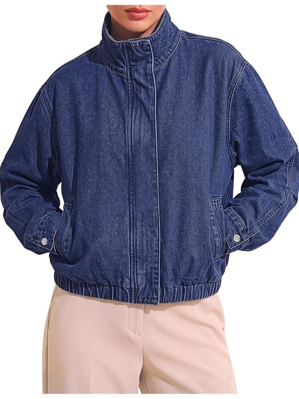 Women Darkness Blue Denim Oversized Band Collar Funnel Neck Drop Shoulder Jacket